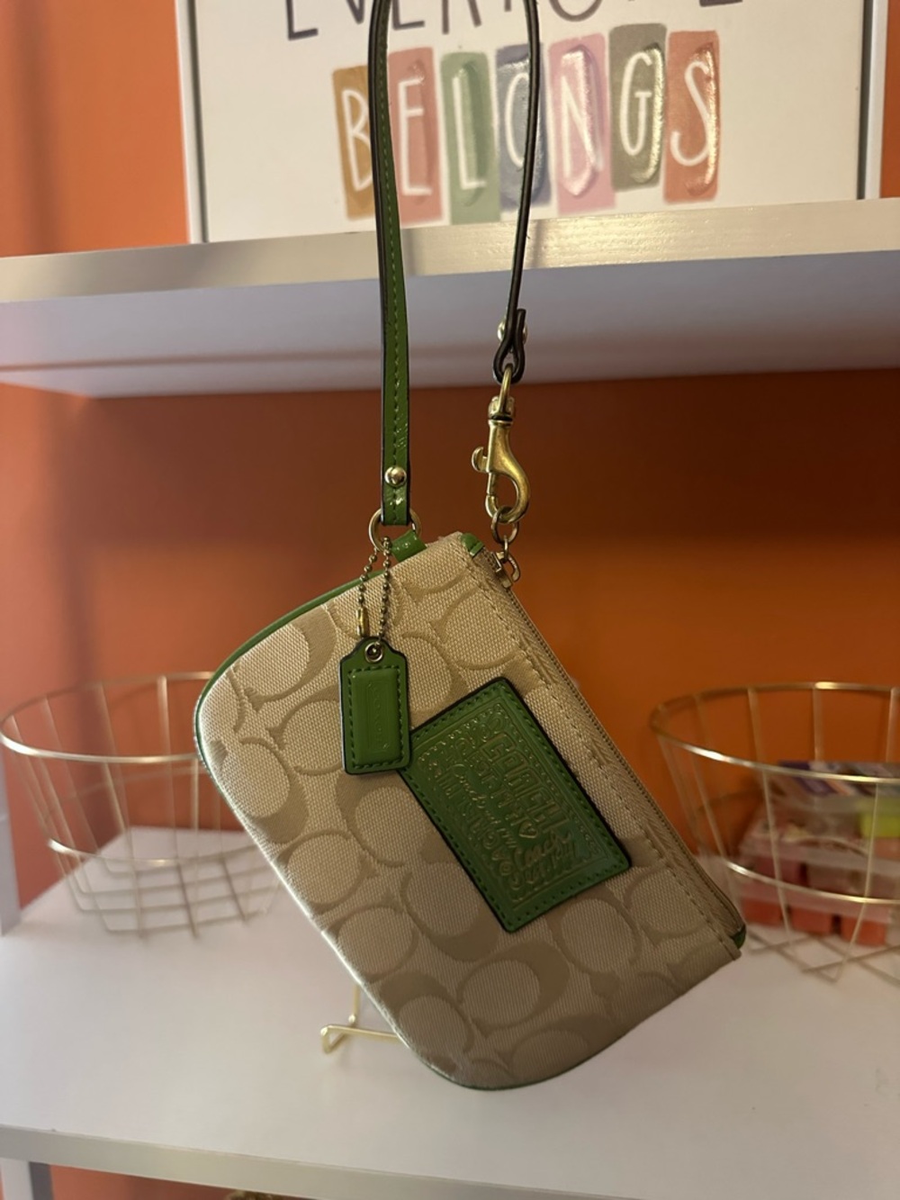 COACH Poppy Signature Print Tan/Apple Green Canvas Wristlet - Picture 6 of 12